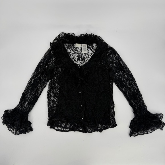 Y2K Black Lace Ruffle Goth Romantic Sheer Blouse Small Layered Fairy Grunge Top - Picture 2 of 13